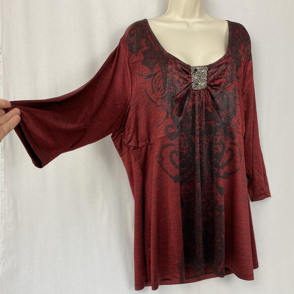 One World Tunic Top Womens 3X Red Black Embellished Flowy Boho Whimsigoth Witchy - Picture 4 of 15
